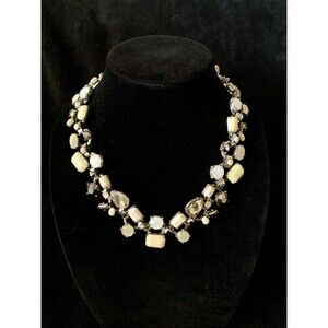 Zara Signed Statement Necklace Gray Cream White Chunky Silvertone Adjustable